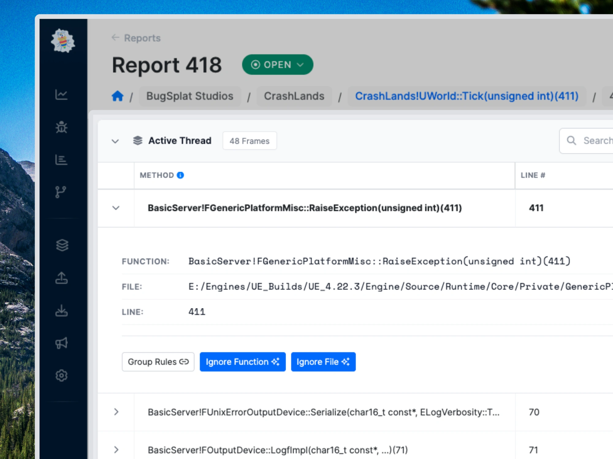 BugSplat crash report overview with Active Thread stack trace