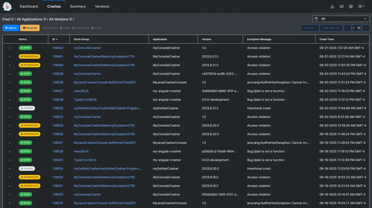 BugSplat crash reporting dashboard interface showing detailed crash analysis, stack traces, and debugging tools in action