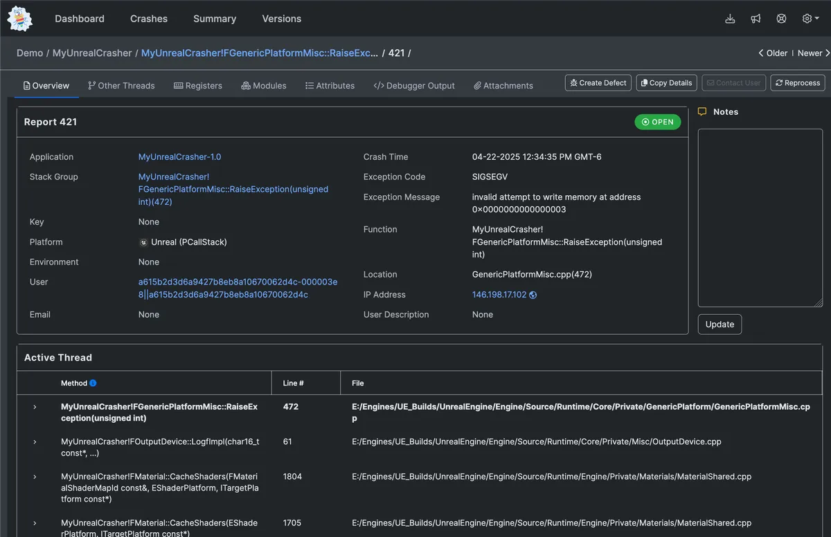BugSplat crash reporting interface showing detailed crash analysis with stack traces, crash frequency, and debugging tools