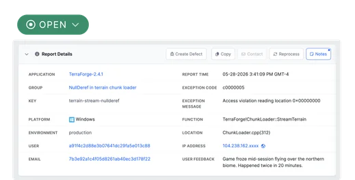 BugSplat crash report details showing application, platform, function, and user feedback