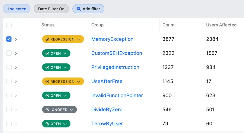 BugSplat users affected by crashes view