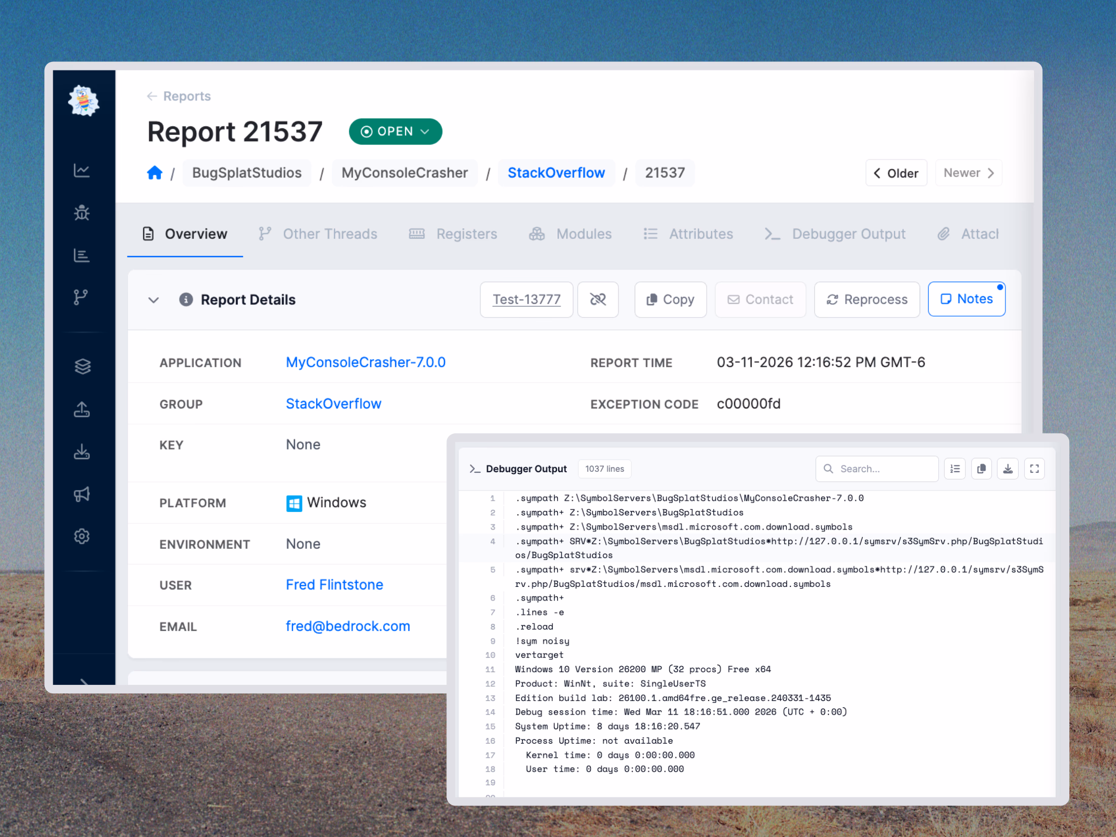 BugSplat crash reporting dashboard