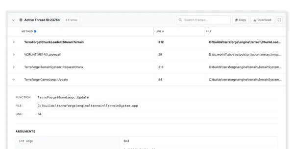 BugSplat stack trace with symbolicated function names and crash context