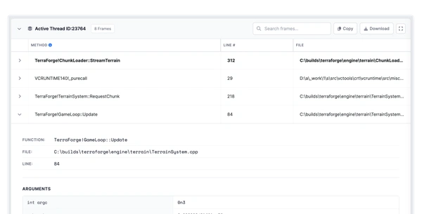 BugSplat stack trace with symbolicated function names and crash context