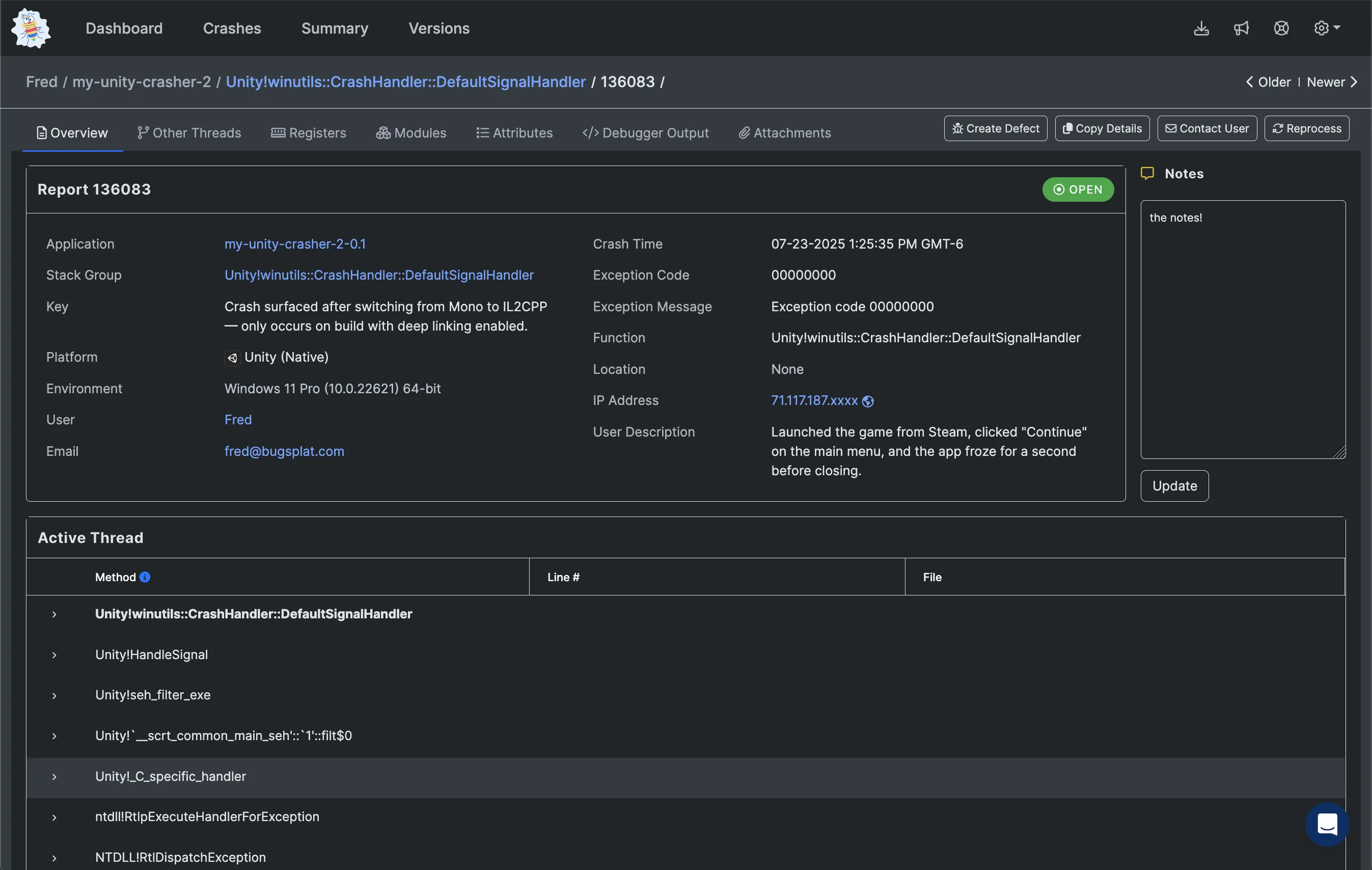 Unity game crash report in BugSplat showing detailed error analysis, call stack, and debugging information for Unity developers