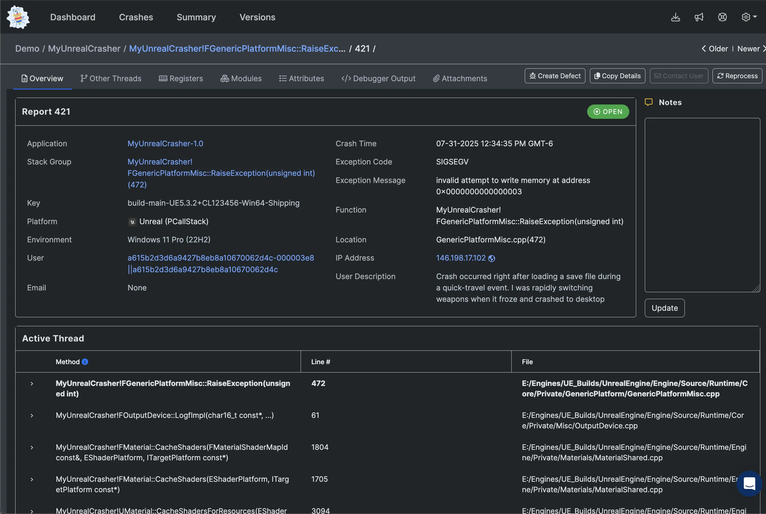 Unreal Engine game crash report in BugSplat displaying comprehensive debugging data, stack traces, and error analysis for UE developers