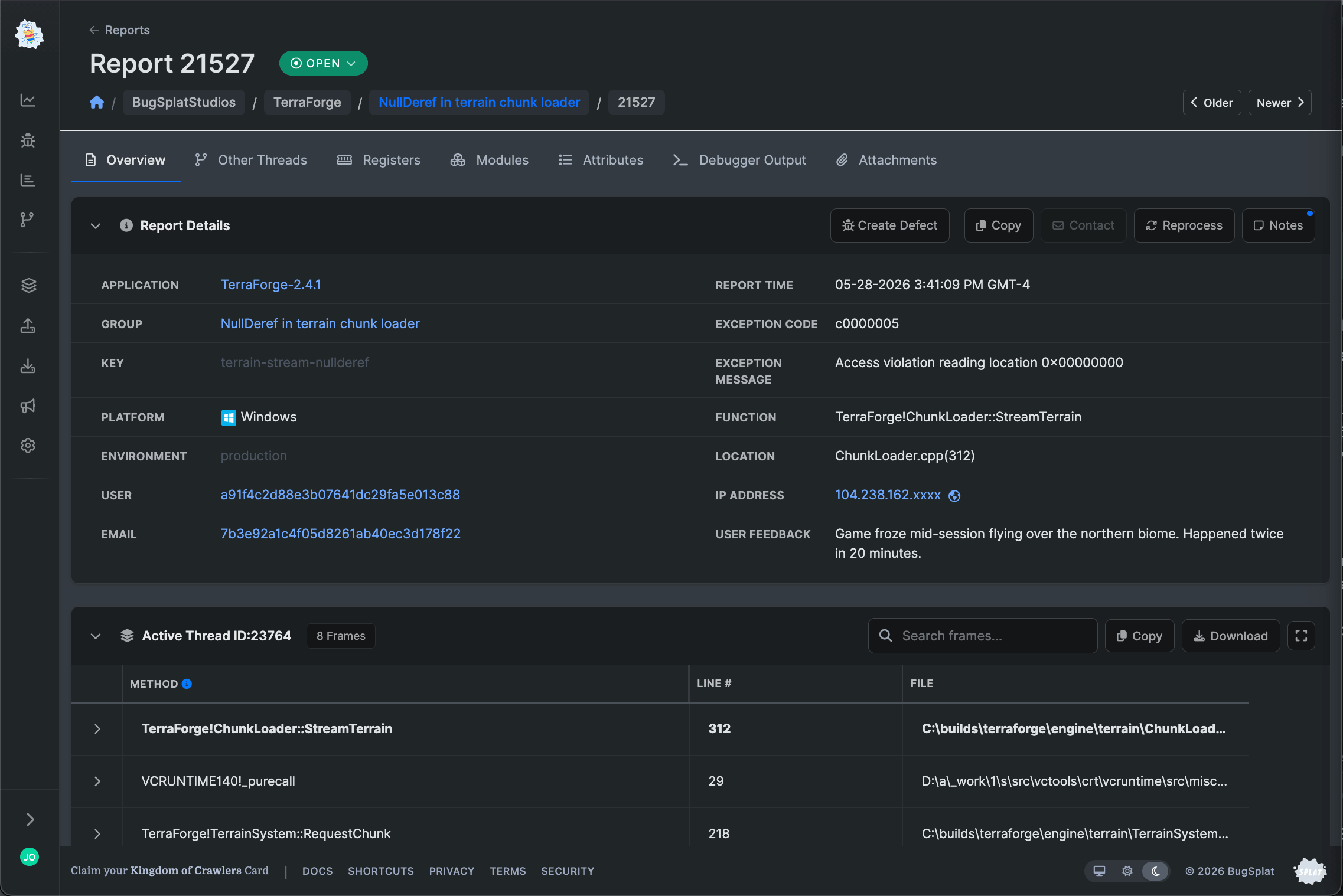Real BugSplat crash report showing TerraForge null reference error with full stack trace, user feedback, and crash context